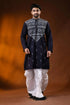 Dark blue pure cotton punjabi for men with white thread geometric kantha work 1