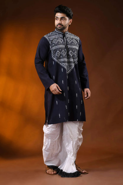Dark blue pure cotton punjabi for men with white thread geometric kantha work 3