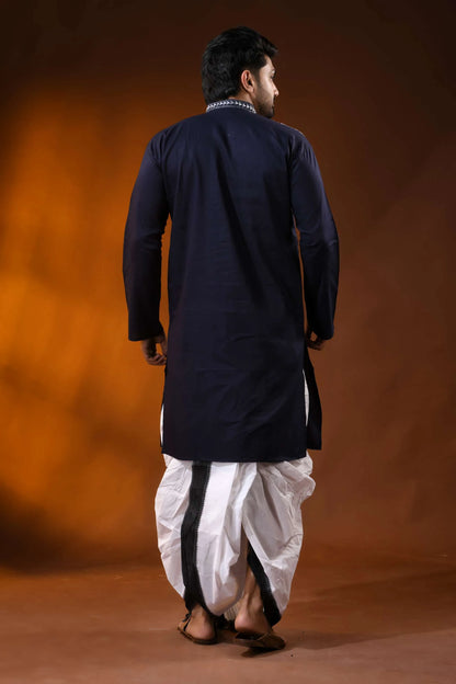 Dark blue pure cotton punjabi for men with white thread geometric kantha work 5