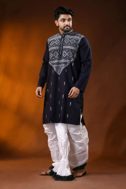 Dark blue pure cotton punjabi for men with white thread geometric kantha work 4