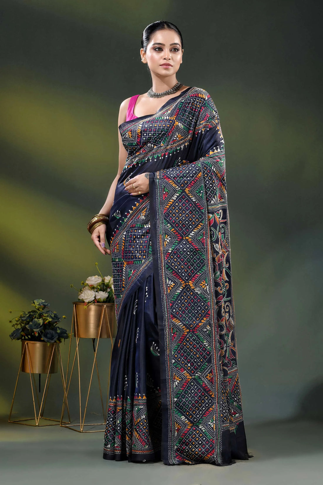 Dark blue silk kantha saree with hand embroidered ethnic design 1
