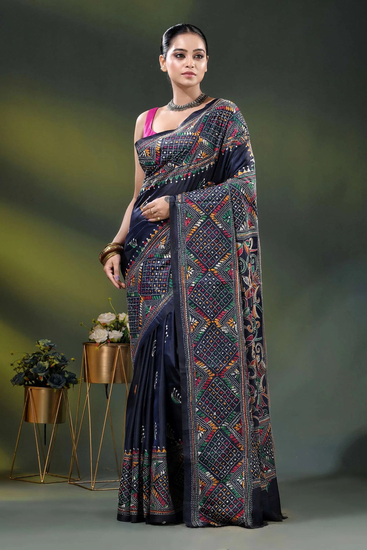 Dark blue silk kantha saree with hand embroidered ethnic design 1