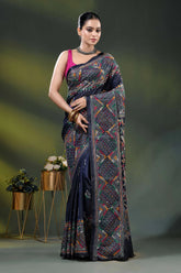 Dark blue silk kantha saree with hand embroidered ethnic design 6
