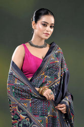 Dark blue silk kantha saree with hand embroidered ethnic design 2