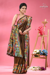Dark brown multi thread exclusive silk kantha saree brown saree colorful intricate patterns 5