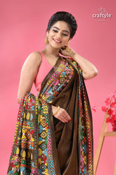 Dark brown multi thread exclusive silk kantha saree woman brown saree colorful embroidered 2