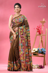 Dark brown multi thread exclusive silk kantha saree brown saree colorful intricate embroidery 1