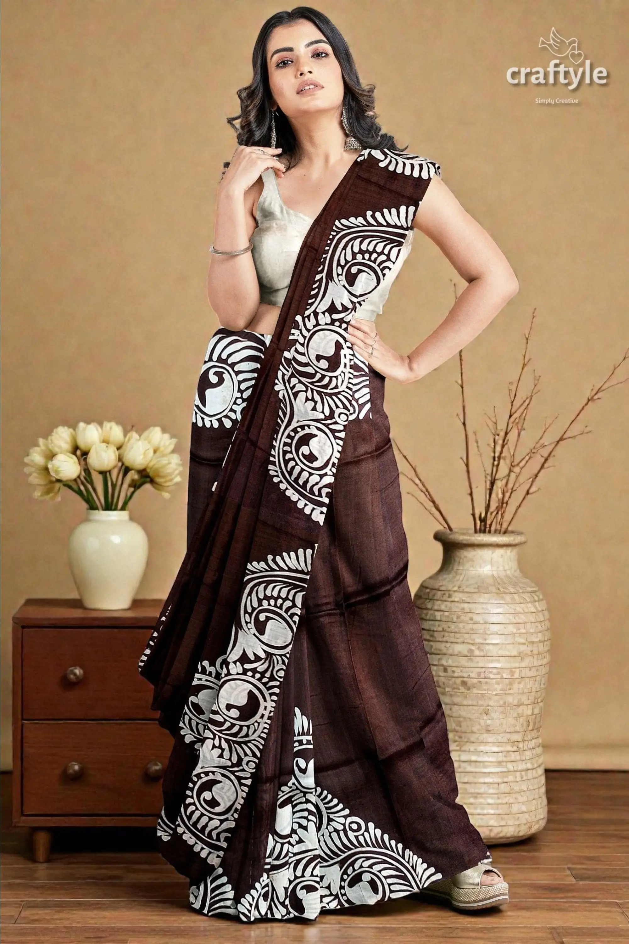 Dark cocoa brown soru tuli hand batik mulberry pure silk sari 2