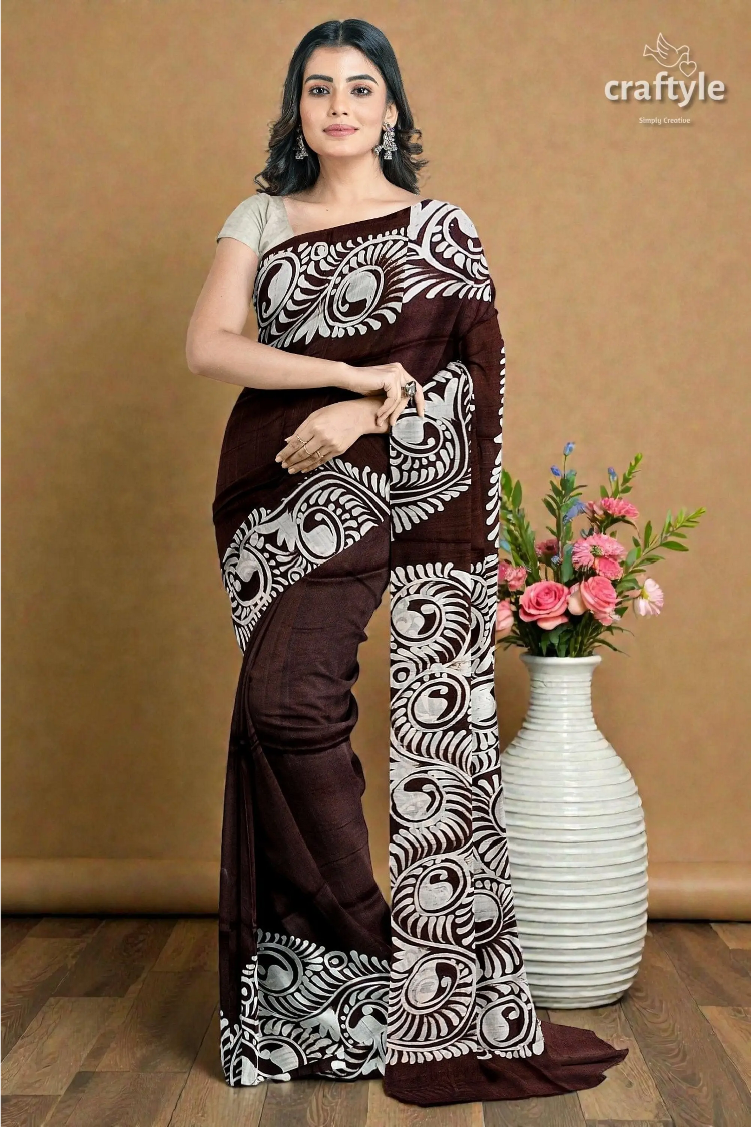 Dark cocoa brown soru tuli hand batik mulberry pure silk sari 5