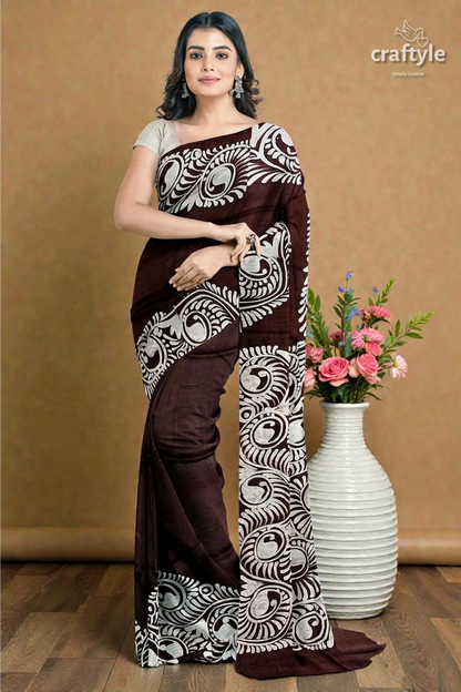 Dark cocoa brown soru tuli hand batik mulberry pure silk sari 5