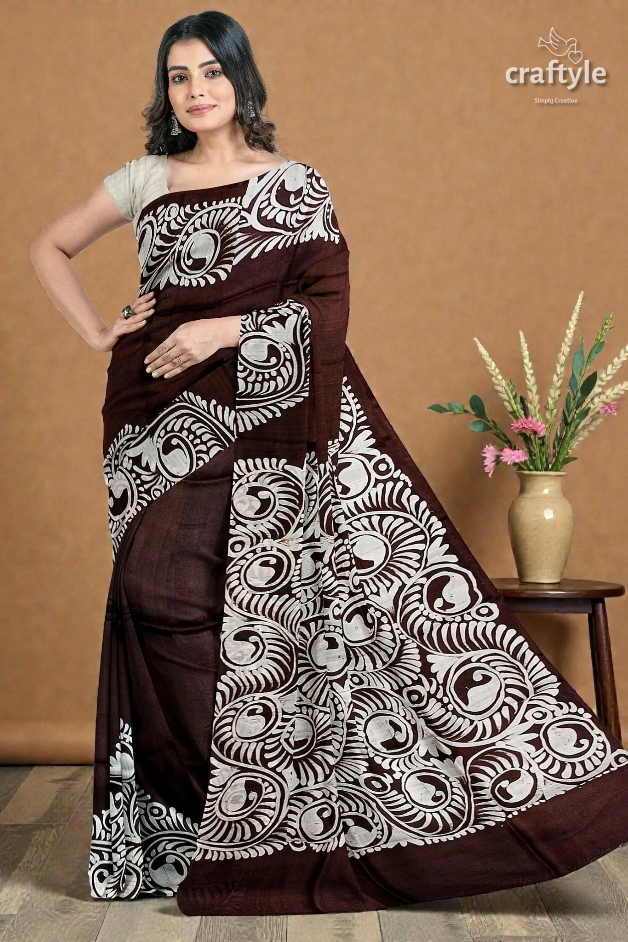 Dark cocoa brown soru tuli hand batik mulberry pure silk sari 4