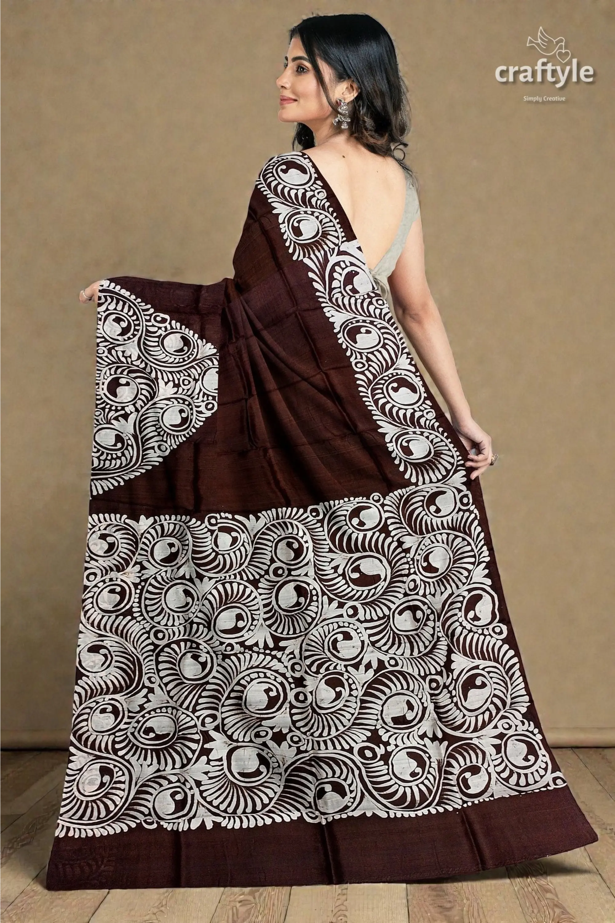 Dark cocoa brown soru tuli hand batik mulberry pure silk sari 6