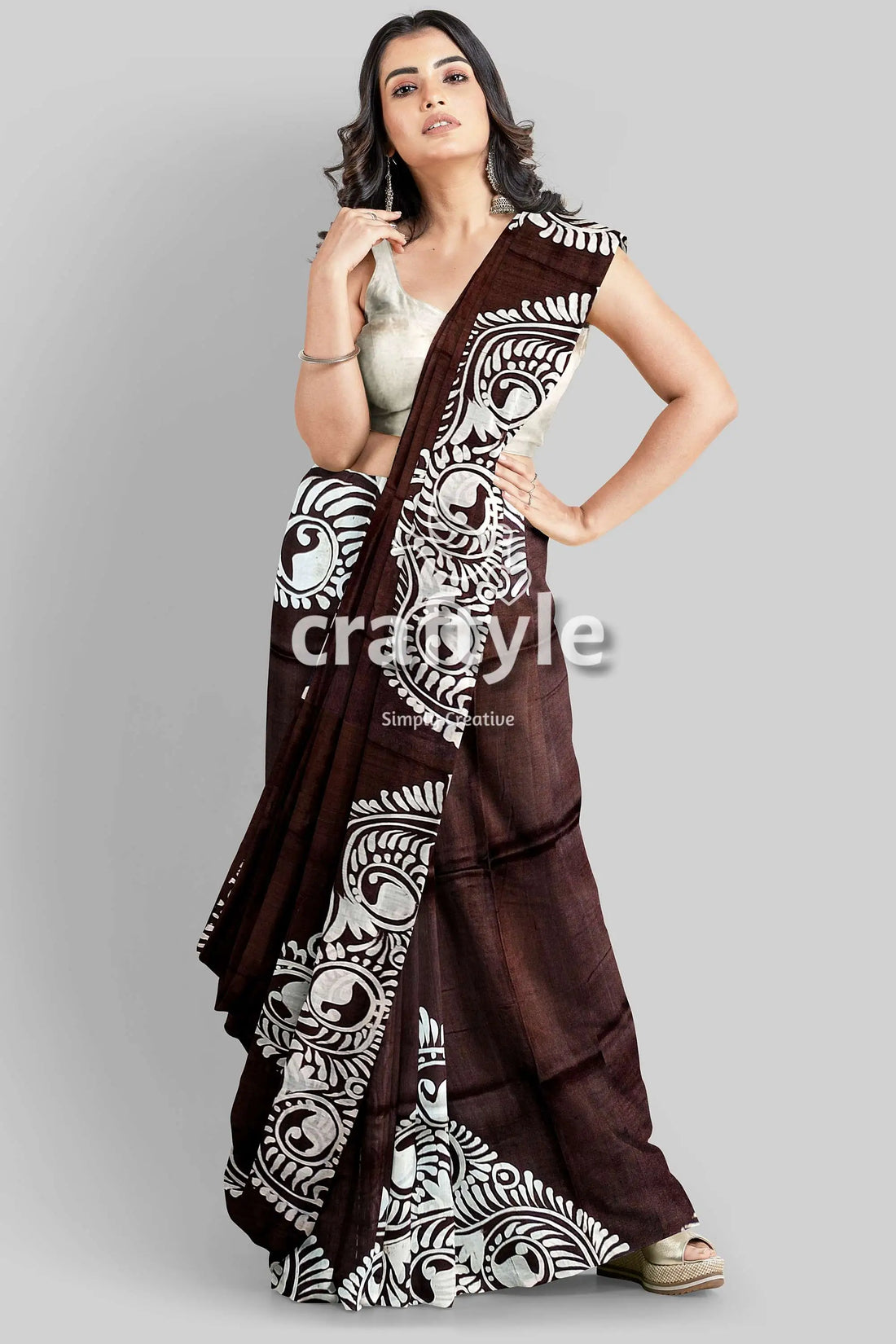 Dark cocoa brown soru tuli hand batik mulberry pure silk sari brown white patterned saree 2