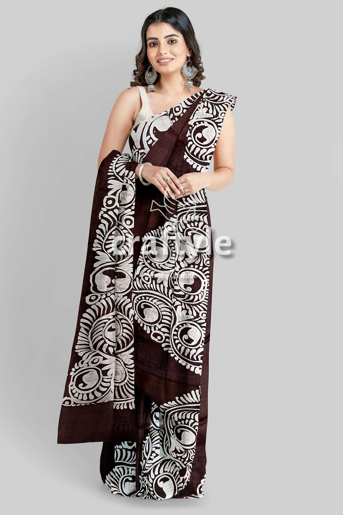 Dark Cocoa Brown Soru Tuli Hand Batik Mulberry Pure Silk Sari - Craftyle
