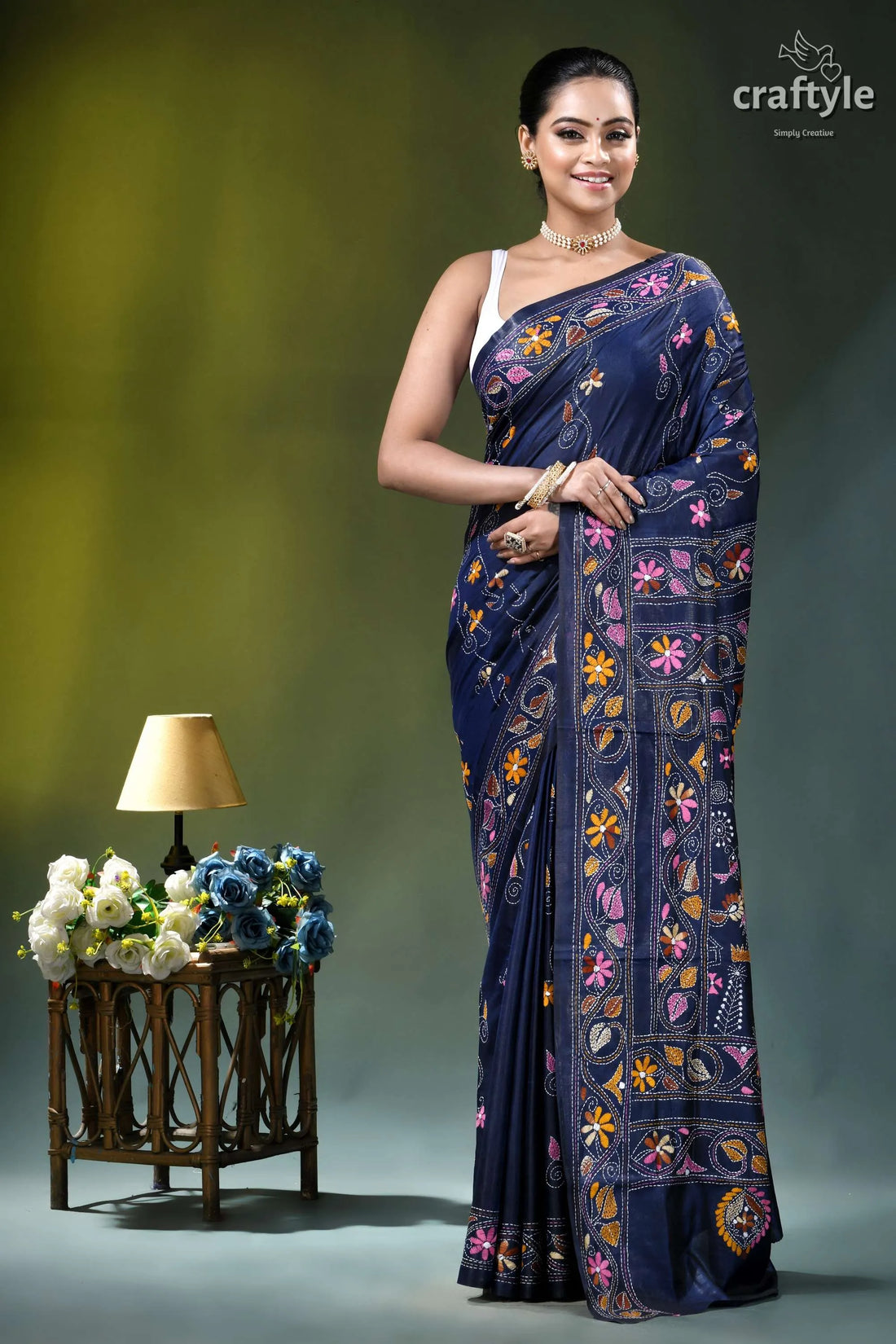 Dark denim blue multi-thread nature theme kantha silk saree navy blue silk saree adorned 1