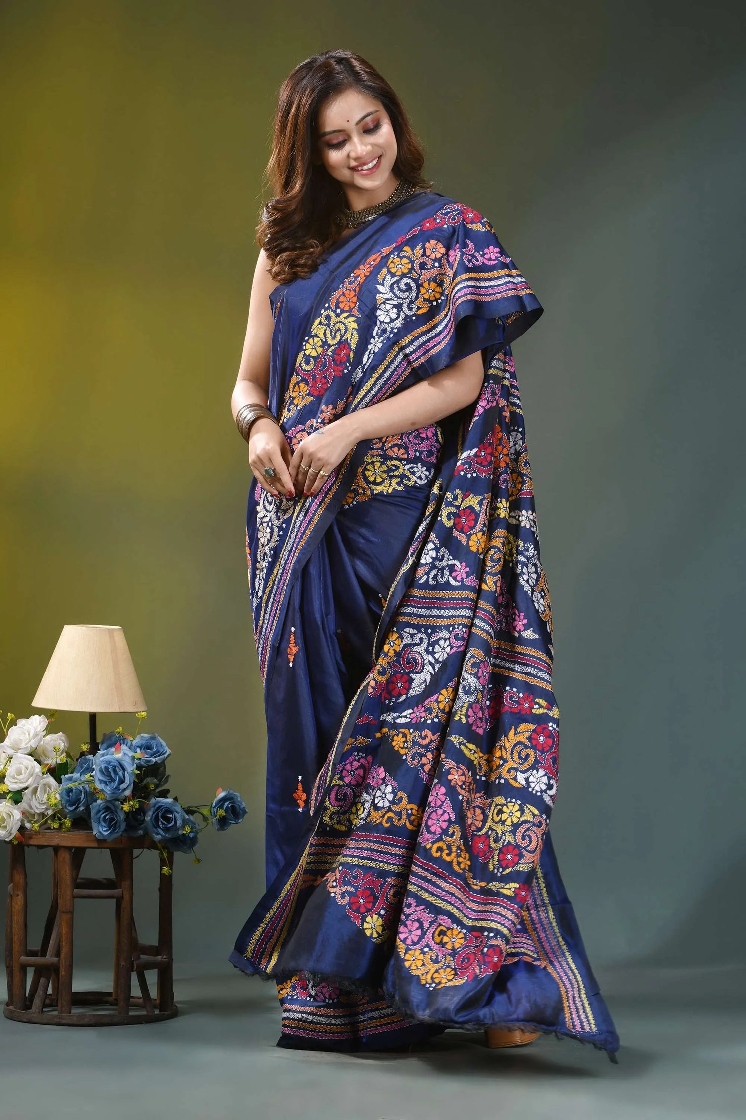Dark denim blue multi-thread silk kantha stitch saree woman wears navy blue saree 5