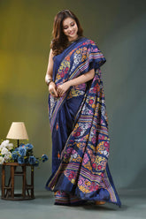 Dark denim blue multi-thread silk kantha stitch saree woman wears navy blue saree 5