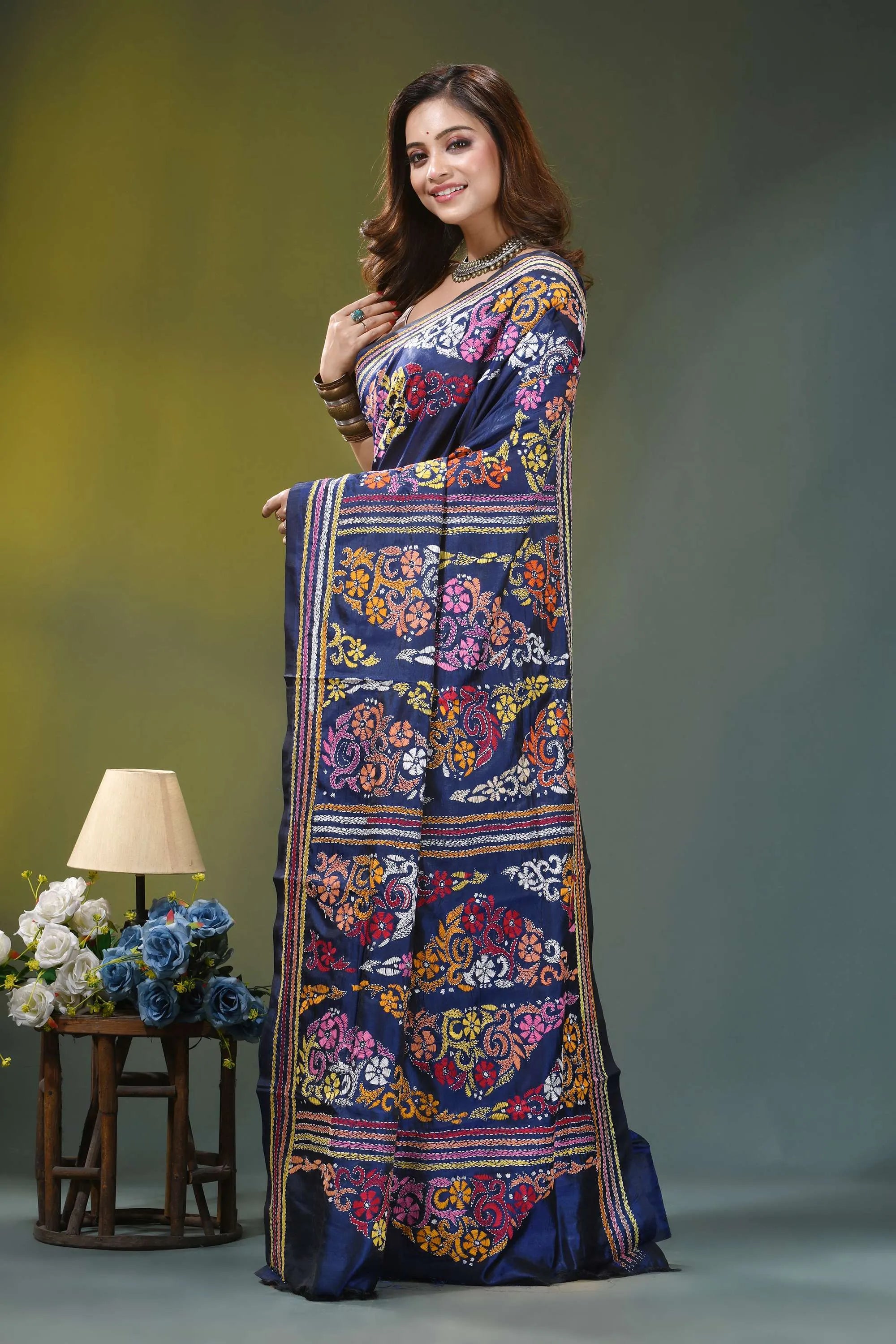 Dark denim blue multi-thread silk kantha stitch saree woman wears navy blue saree 3