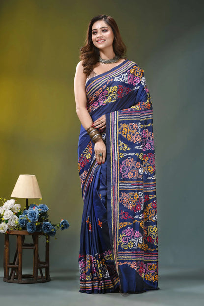 Dark denim blue multi-thread silk kantha stitch saree woman wears navy blue silk 6