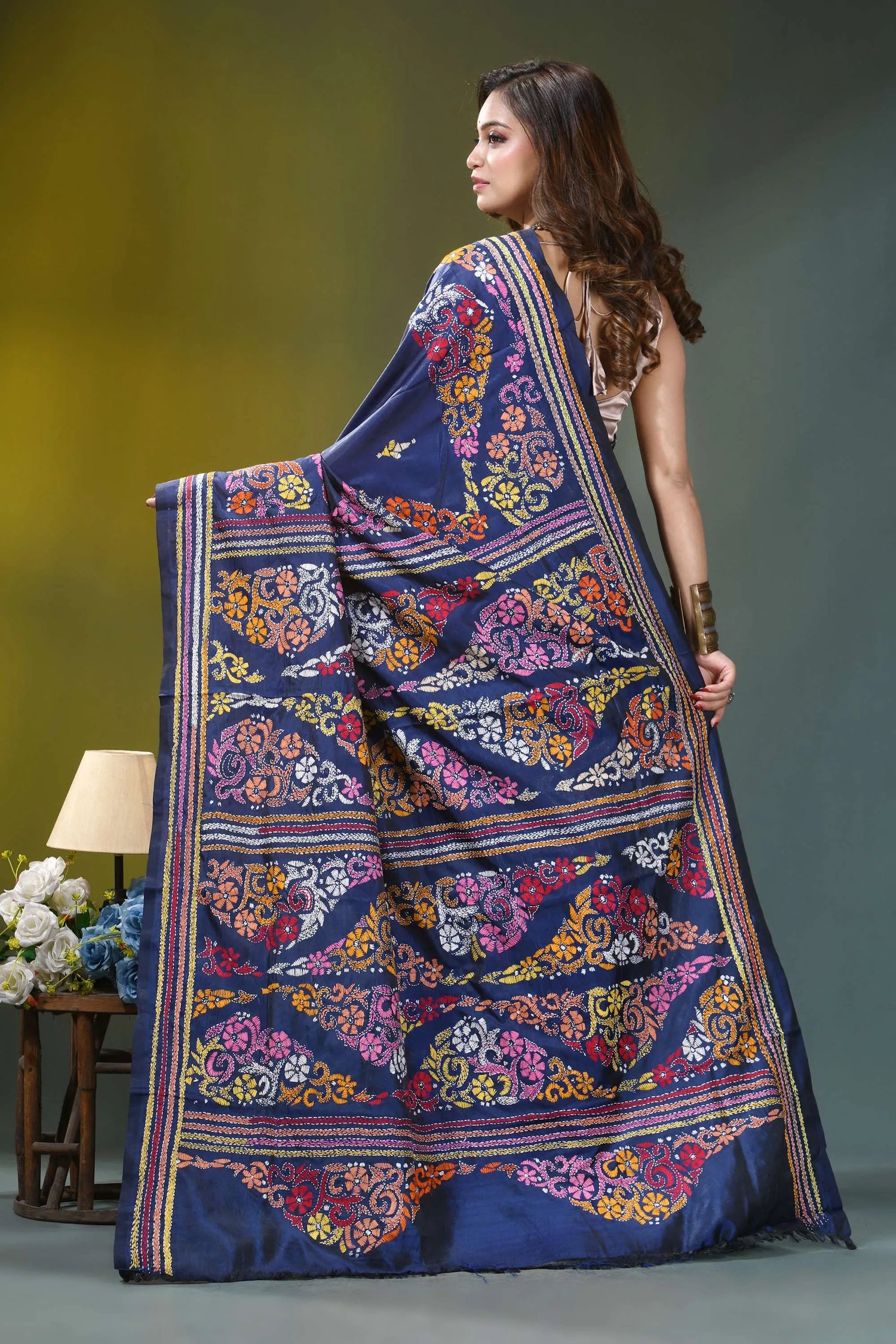 Dark denim blue multi-thread silk kantha stitch saree navy blue silk saree adorned 4