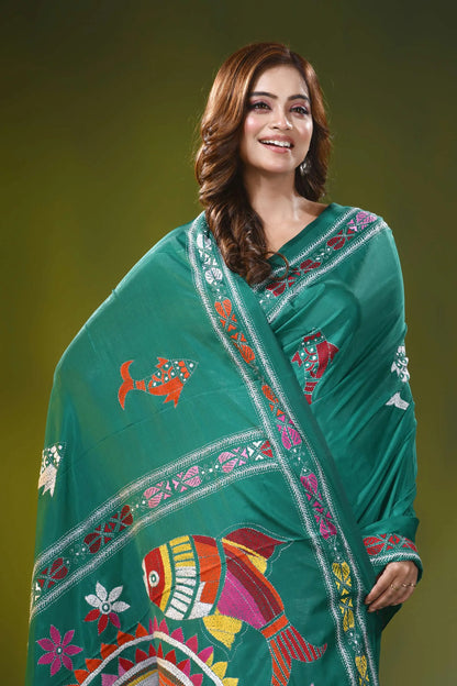 Dark green blue kantha work silk saree with handcrafted fish motif 2
