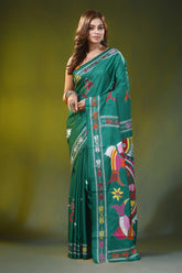 Dark green blue kantha work silk saree with handcrafted fish motif 7