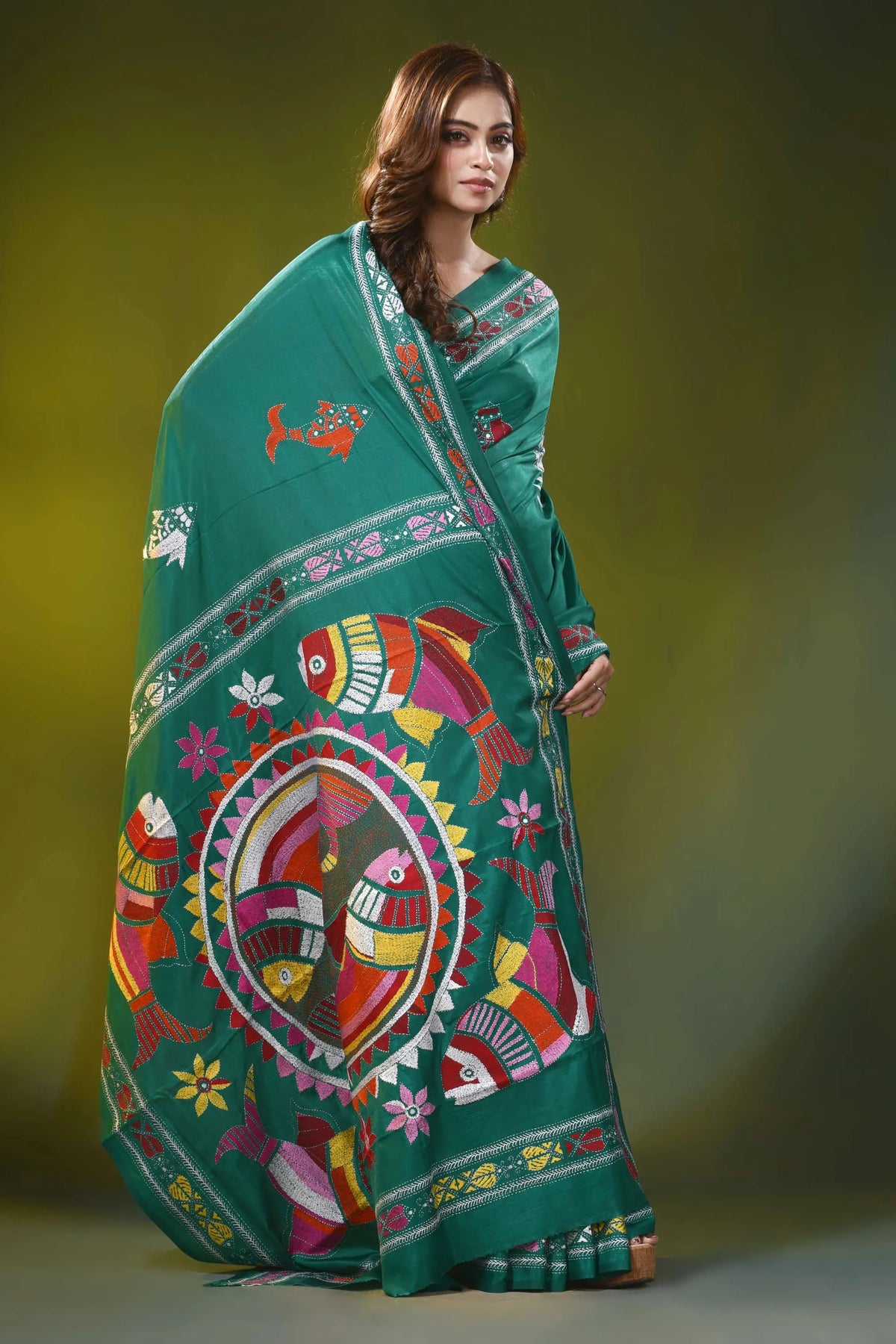 Dark green blue kantha work silk saree with handcrafted fish motif 5