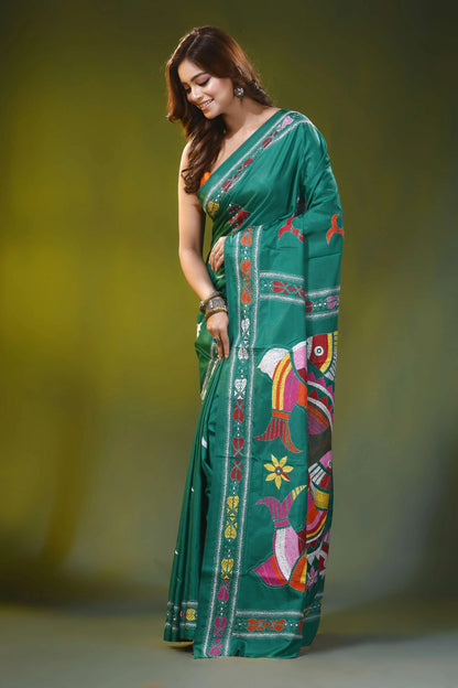 Dark green blue kantha work silk saree with handcrafted fish motif 3