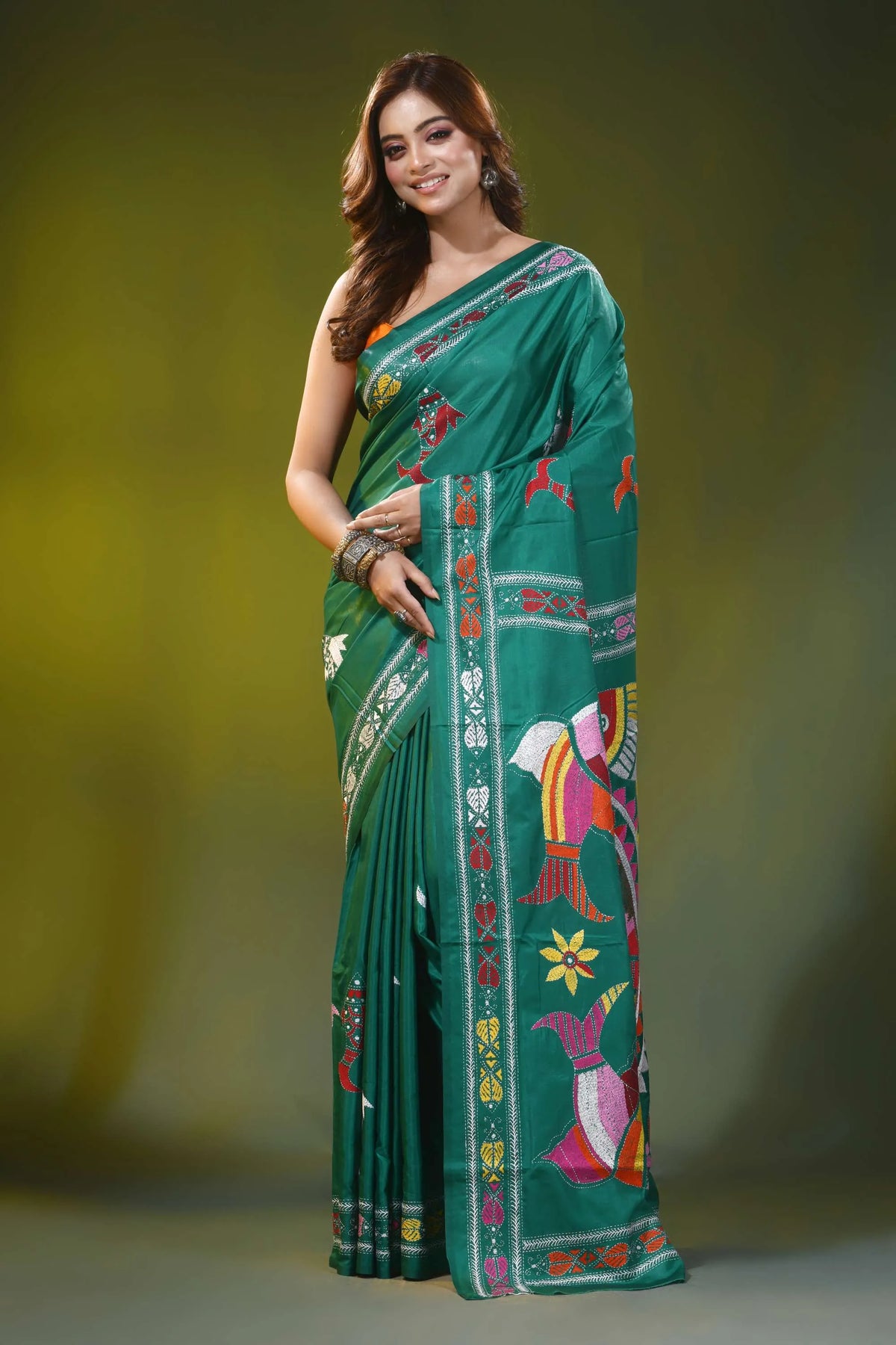 Dark green blue kantha work silk saree with handcrafted fish motif 1