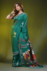 Dark green blue kantha work silk saree with handcrafted fish motif 4