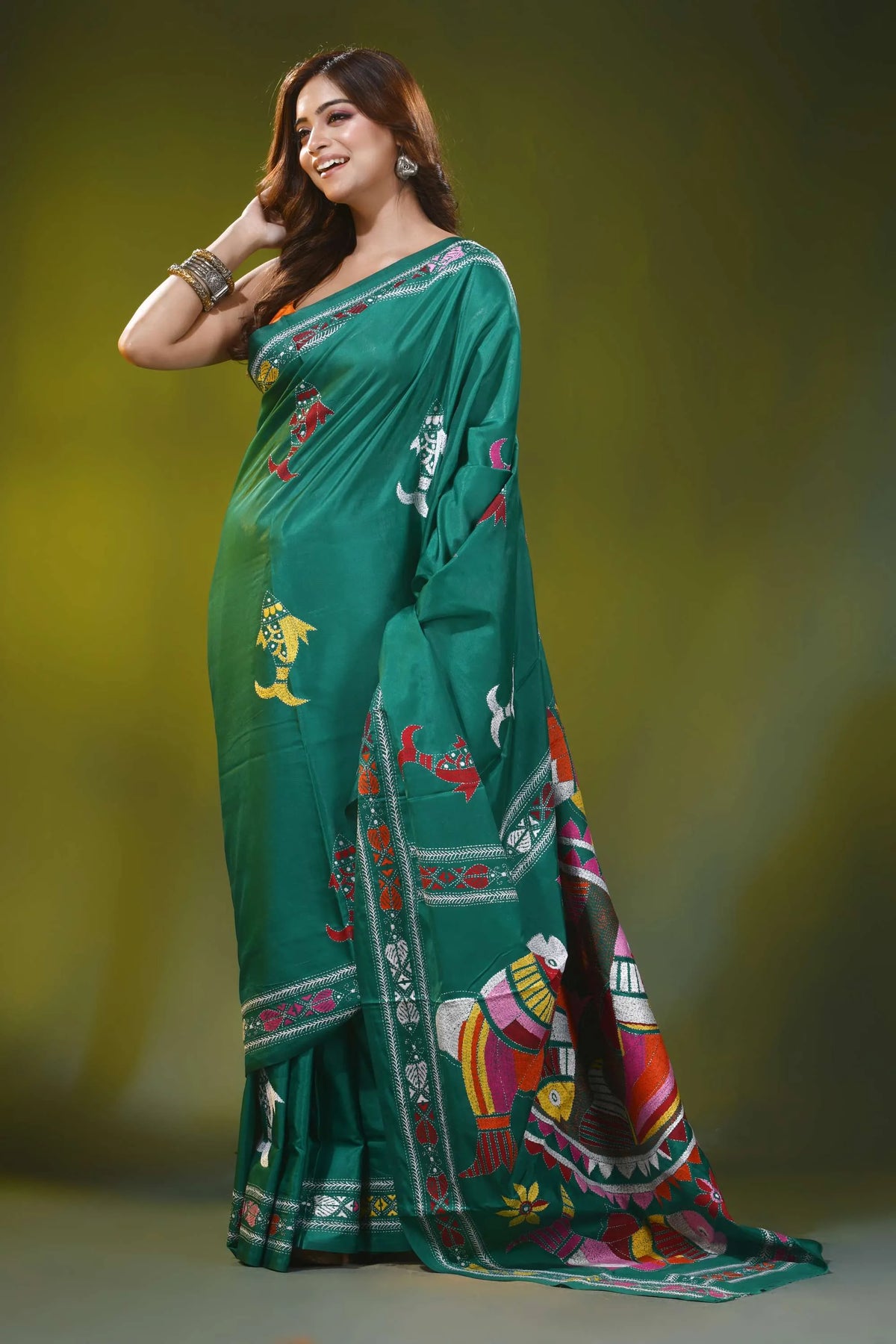 Dark green blue kantha work silk saree with handcrafted fish motif 4