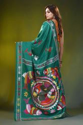 Dark green blue kantha work silk saree with handcrafted fish motif 6