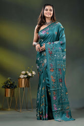 Dark green blue silk kantha saree with hand embroidered fish motif 6
