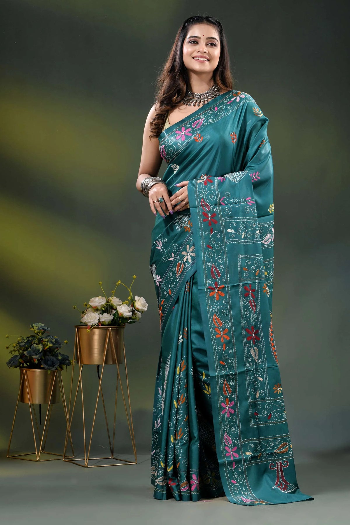 Dark green blue silk kantha saree with hand embroidered fish motif 6