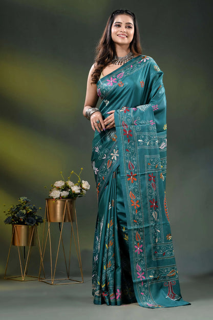 Dark green blue silk kantha saree with hand embroidered fish motif 6