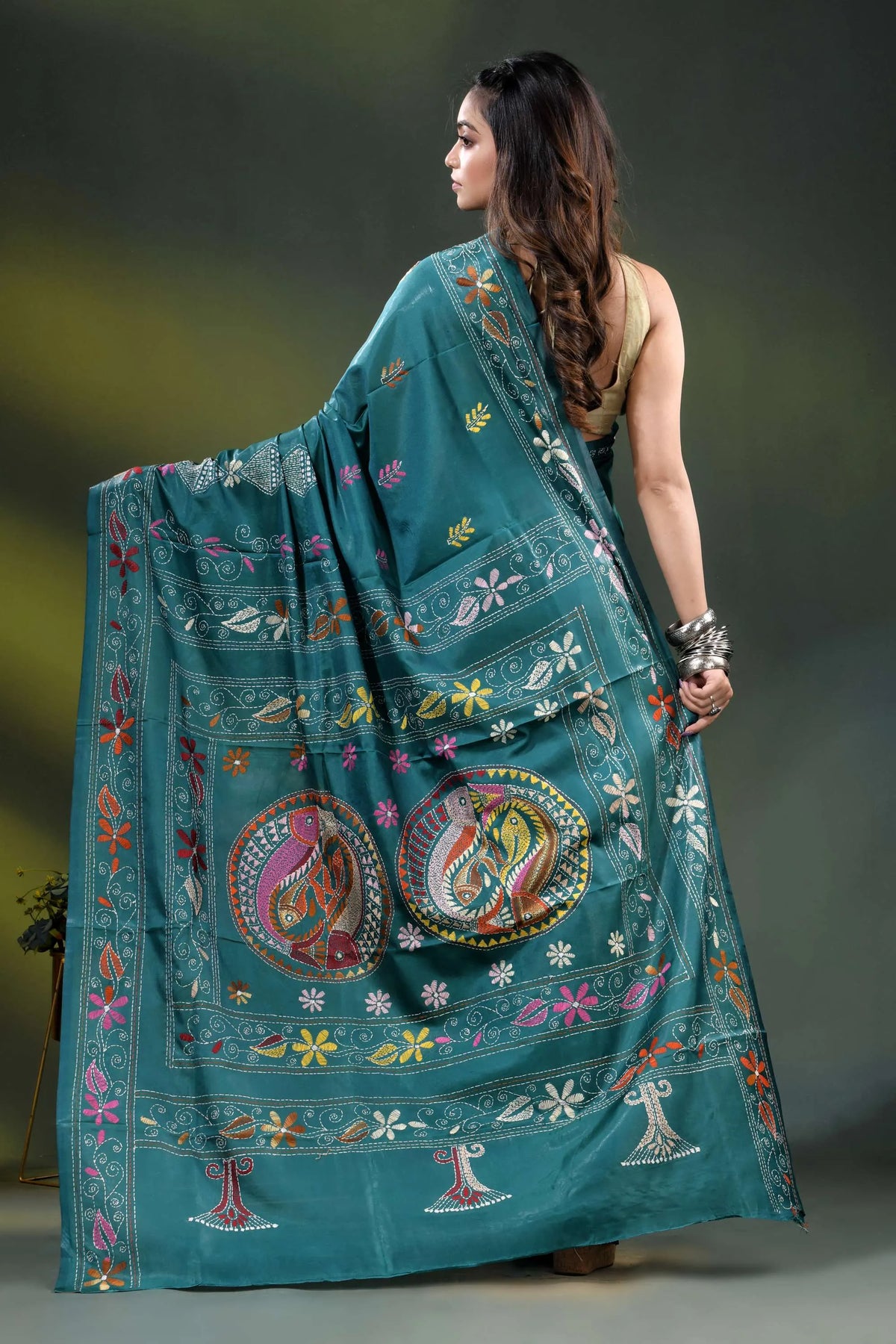 Dark green blue silk kantha saree with hand embroidered fish motif 5