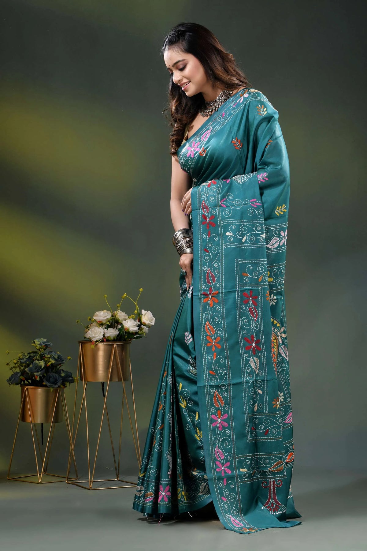 Dark green blue silk kantha saree with hand embroidered fish motif 3