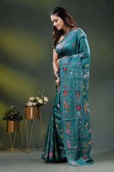Dark green blue silk kantha saree with hand embroidered fish motif 3