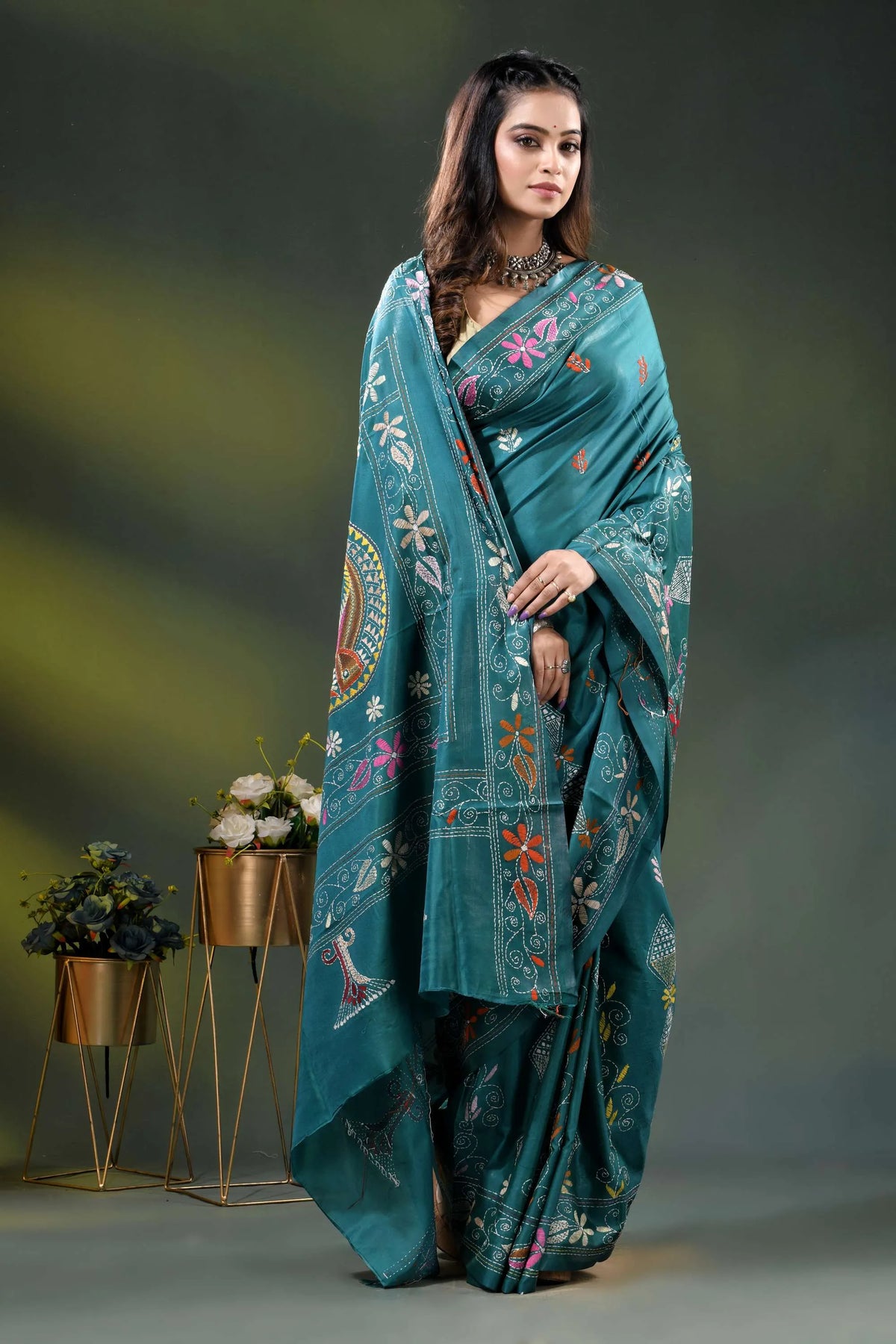 Dark green blue silk kantha saree with hand embroidered fish motif 4