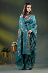 Dark green blue silk kantha saree with hand embroidered fish motif 4