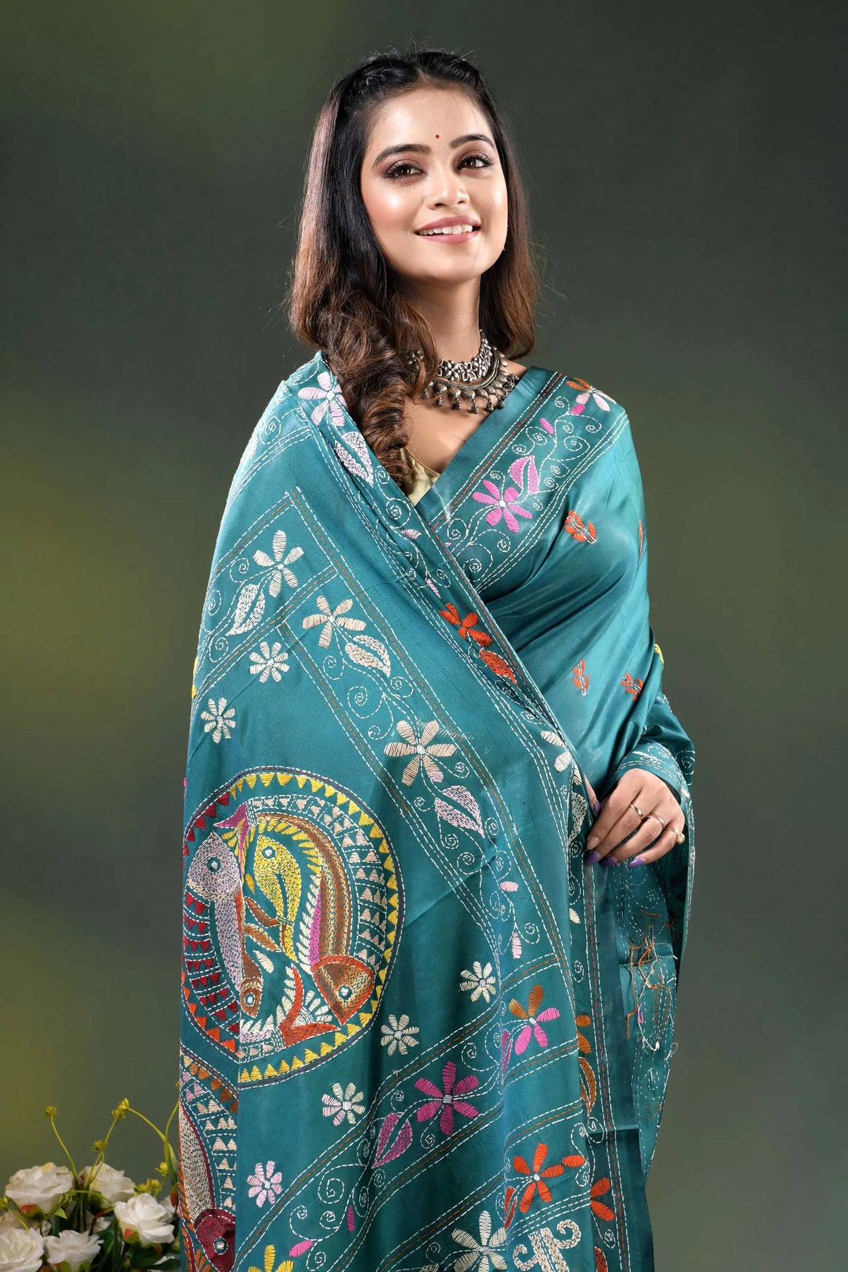 Dark green blue silk kantha saree with hand embroidered fish motif 2