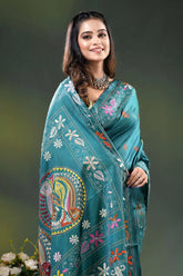 Dark green blue silk kantha saree with hand embroidered fish motif 2