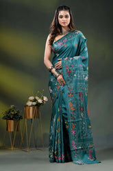 Dark green blue silk kantha saree with hand embroidered fish motif 1