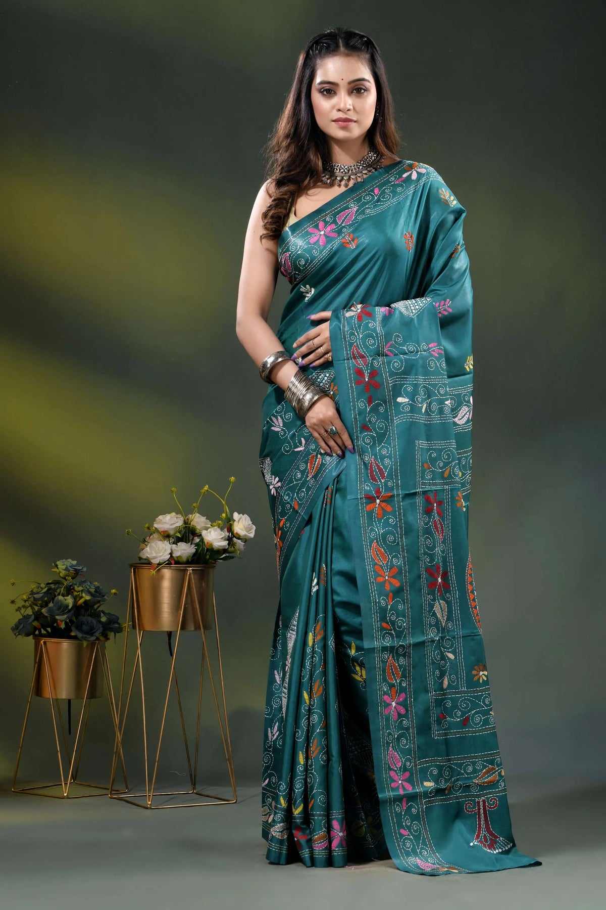 Dark green blue silk kantha saree with hand embroidered fish motif 1