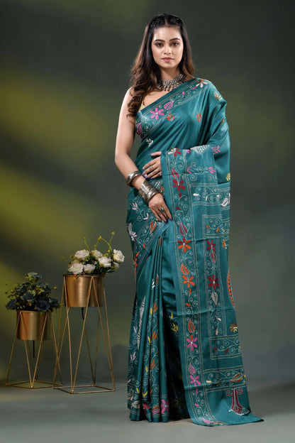 Dark green blue silk kantha saree with hand embroidered fish motif 1