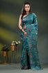 Dark green blue silk kantha saree with hand embroidered fish motif 1