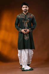 Dark green cotton kantha stitch kurta for men - rust hand embroidery 3