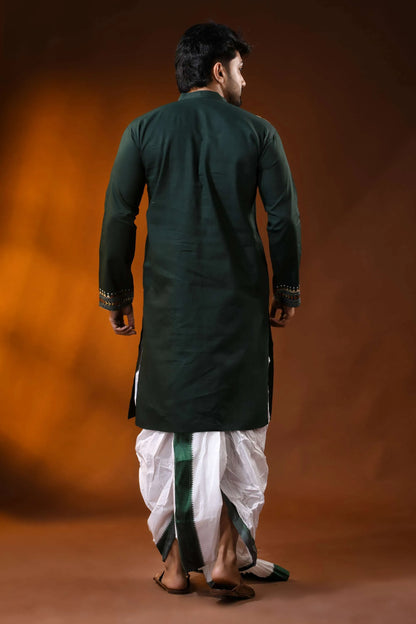 Dark green cotton kantha stitch kurta for men - rust hand embroidery 5
