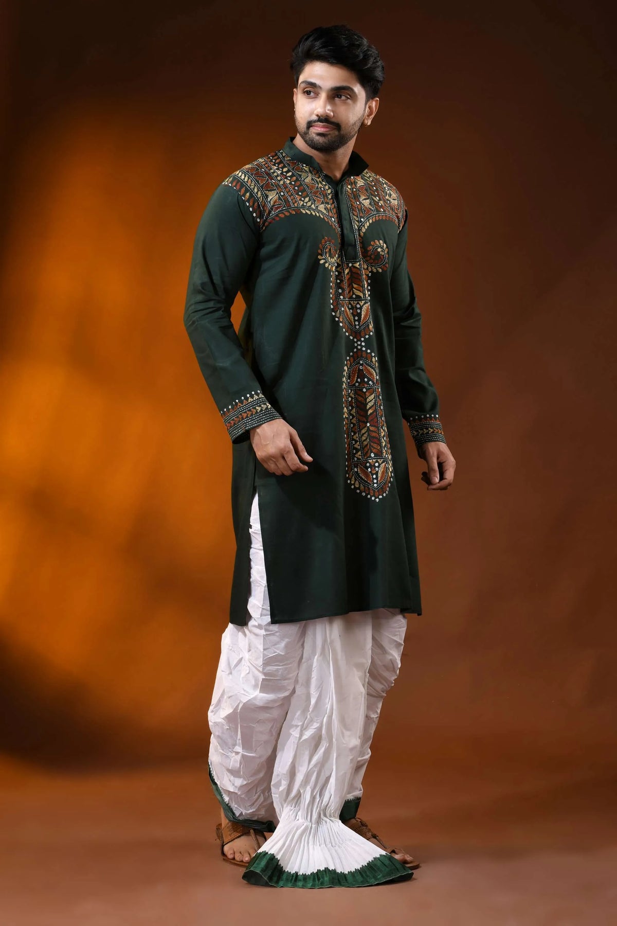 Dark green cotton kantha stitch kurta for men - rust hand embroidery 4