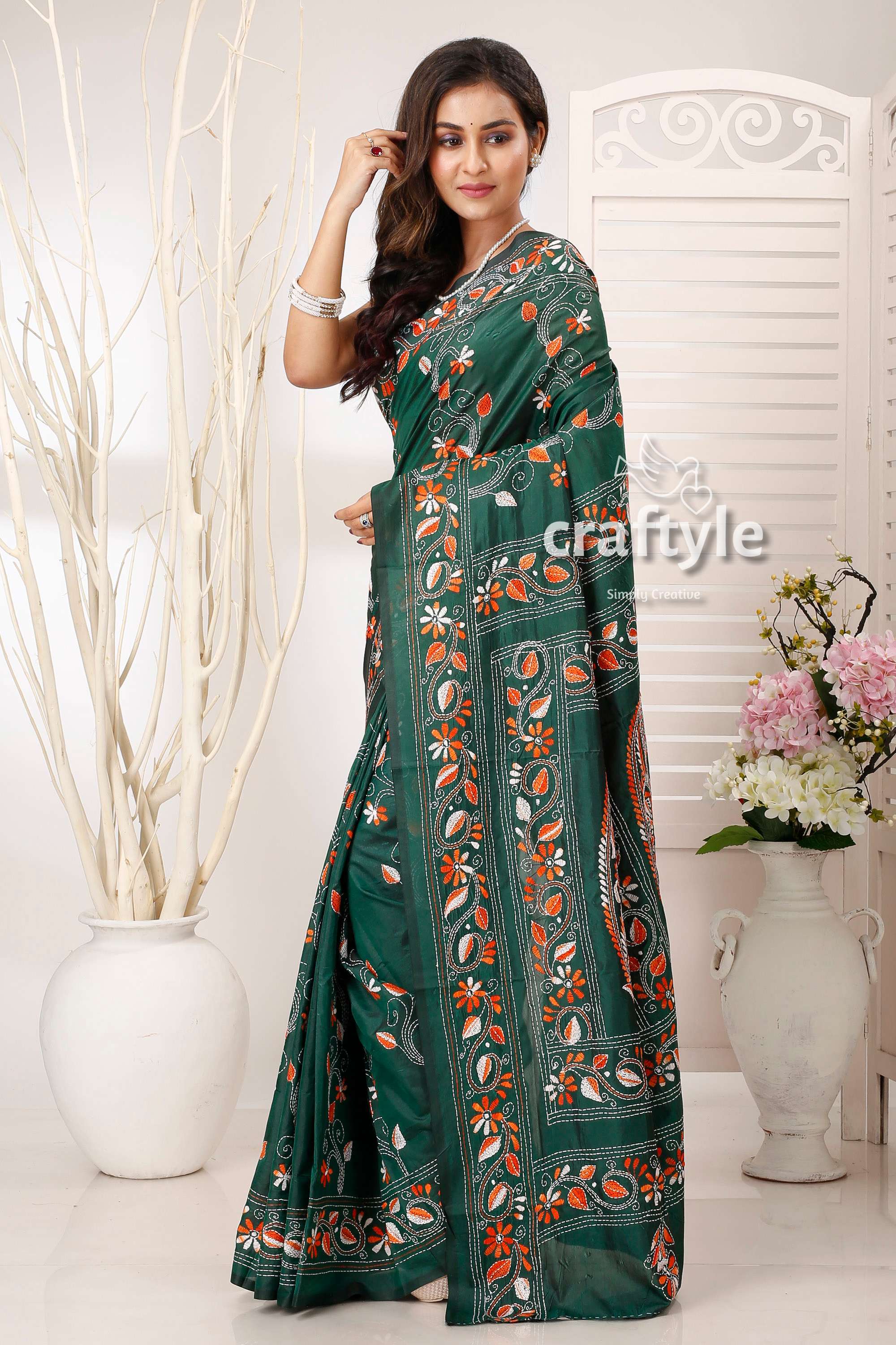 Dark Green Exquisite Silk Kantha Embroidery Saree - Craftyle